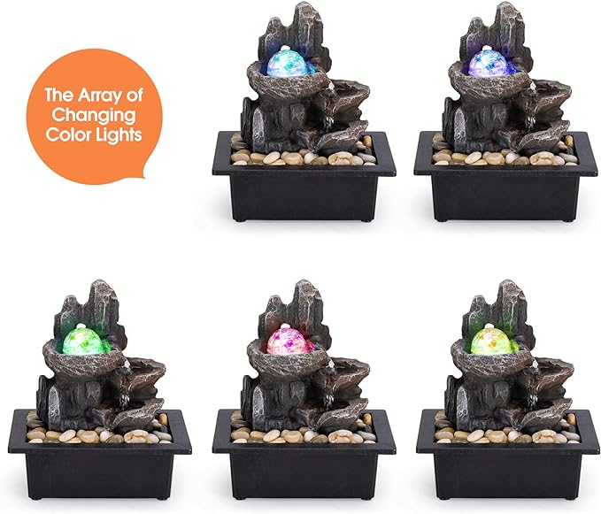 Tabletop Fountain Rotating Ball Rock Waterfall Fountain Office Tabletop Fountains for Home Office Decor Includes Many Natural River Rocks Decorated with Colorful Lights and Rolling Ball