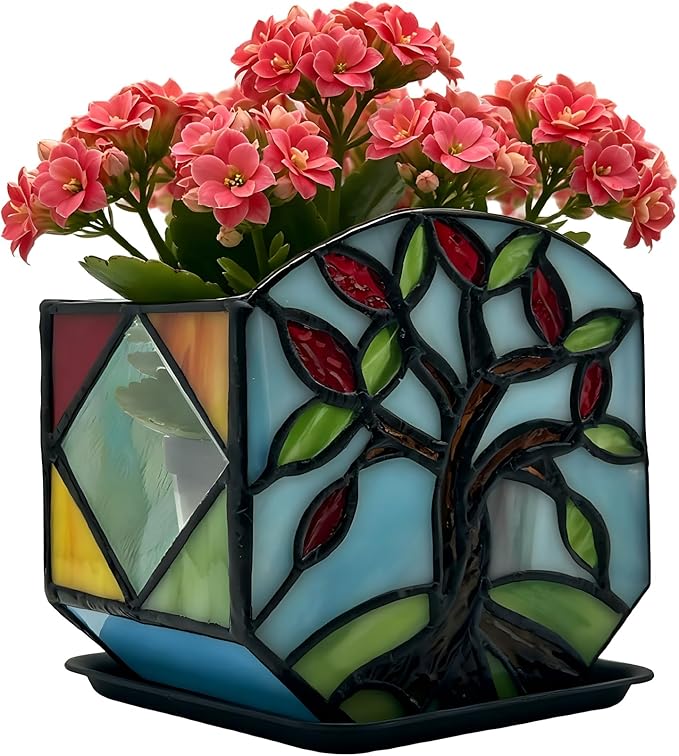 Handmade Stained Glass Tree of Life Planter, Decorative Succulent Pot for Indoor Plants, Boho Home Decor for Windowsill and Living Room