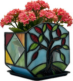 Handmade Stained Glass Tree of Life Planter, Decorative Succulent Pot for Indoor Plants, Boho Home Decor for Windowsill and Living Room