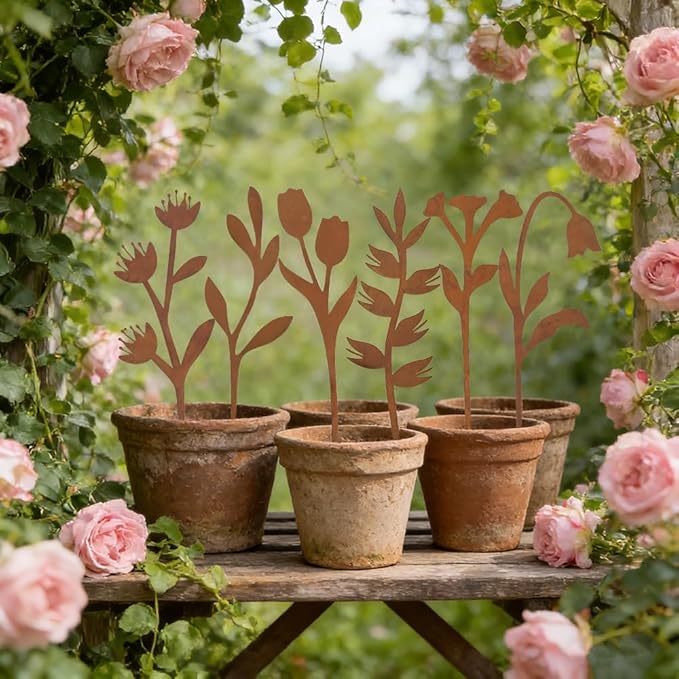 hogardeck Garden Decor for Outside, 6 Pcs Rusty Metal Flower Garden Stakes with Fern Leaf Design for Outdoor Yard Art, Rustic Plant Stakes for Flower Bed, Pot, Vase