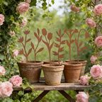 hogardeck Garden Decor for Outside, 6 Pcs Rusty Metal Flower Garden Stakes with Fern Leaf Design for Outdoor Yard Art, Rustic Plant Stakes for Flower Bed, Pot, Vase