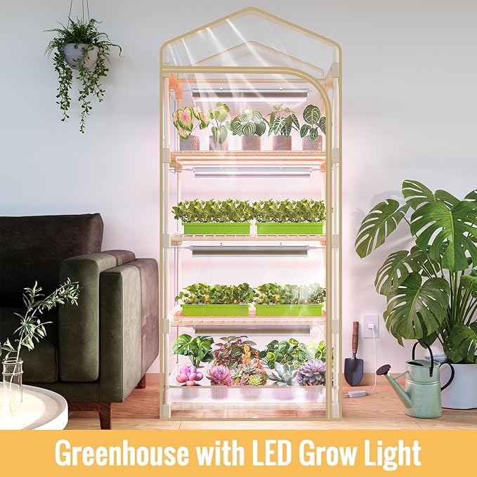 Mini Indoor Greenhouse with Grow Light,4 Tiers Plant Shelf with 1.6FT 20W Full Spectrum Grow Light with Timer for Seed Starting, Ventilation Window & Bottom Pouch, 27" L x 19" W x 63" H