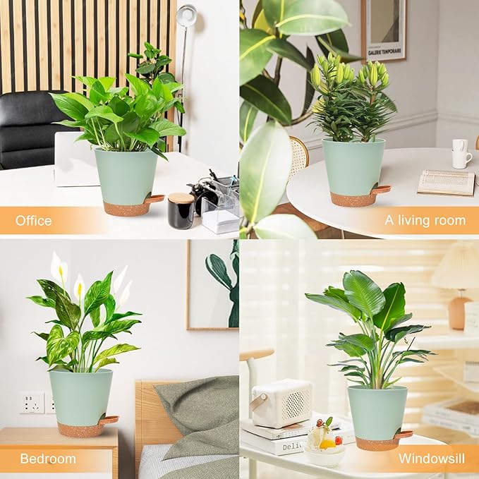 Vanslogreen Planters for Indoor Plants 7/6.5/6/5.5/5 Inch, Self Watering Planters with Drainage Holes and Saucers 5 Pack Plastic Pots for Plants, Succulents, Herbs, Cactus, Flower Pots, Green