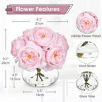 Hollyone Pink Roses Peonies Artificial Flowers with Glass Vase Silk David Austin Roses Faux Flowers Arrangements with Clear Faux Water in Vase Fake Peonies Rose Peony Floral Bulk Bouquet Home Decor