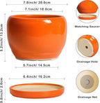 SQOWL Ceramic Pot for Plants - 8 Inch Plant Pot Indoor Outdoor, Modern Round Planter with Drainage Hole and Saucer, Decorative Planter for Flower, Office Decor, Garden Gifts for Women, Orange