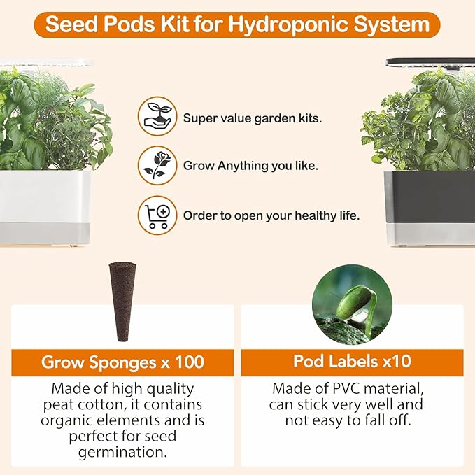 Hydroponic Pods Kit: Compatible with AeroGarden Herb Kits with 100 Grow Sponges; 10 Pods Lable, Highly Breathable - Indoor Garden Kit Supplies for Most Brands