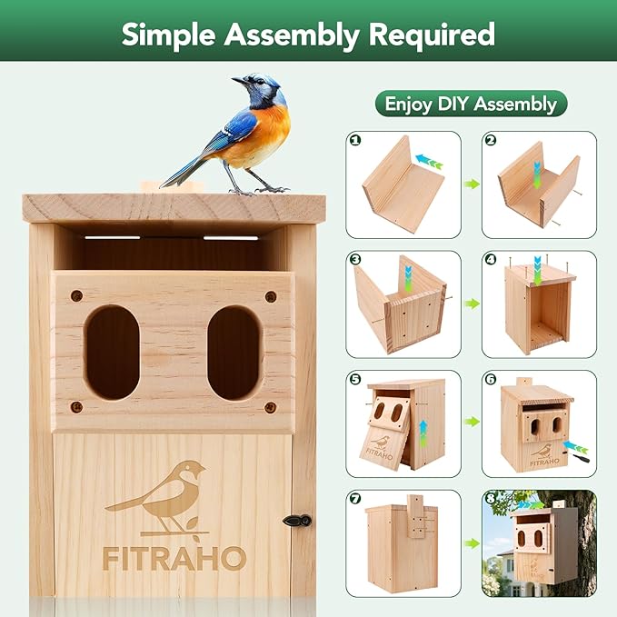 Bird Houses for Outside, Durable Birdhouse with Dual Entrances, Weatherproof & Perfect for Bluebirds, Wrens, Finches & Swallows(Assembly Required)