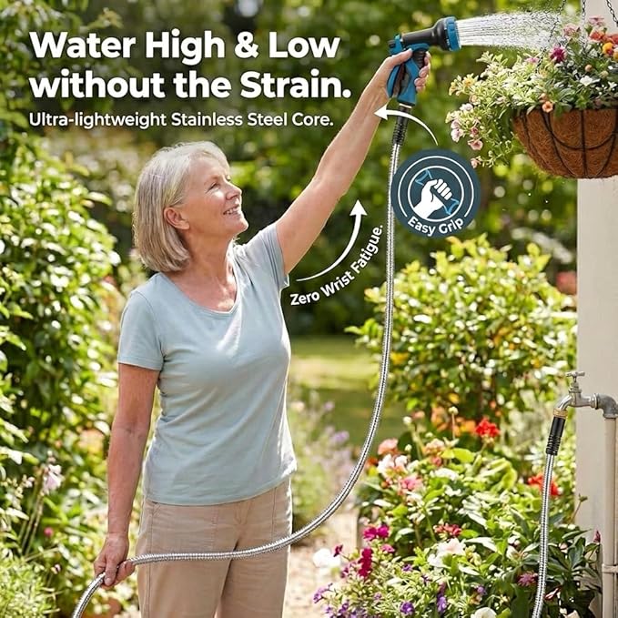 LINODI Metal Garden Hose, 100ft Stainless Steel Garden Hose – 3/4" GHT Solid Brass Connectors – Heavy Duty Flexible Metal Water Hose with 10-Way Spray Nozzle – Kink-Free Watering Kit