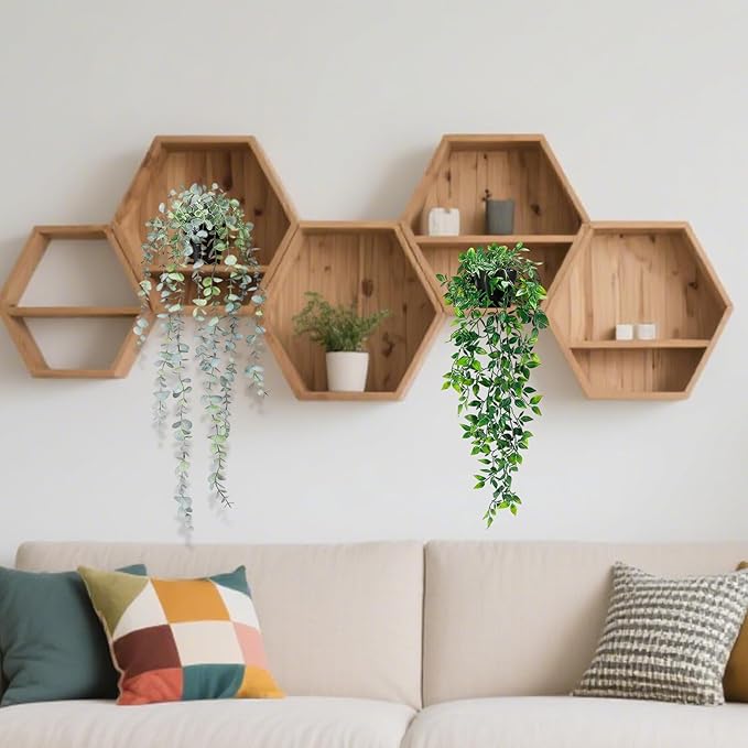 Clearain 2Pcs Fake Plants Hanging Artificial Decorations, Faux Potted Eucalyptus and Pea Pod Plants for Bathroom Home Office Desk Wall Shelf Bookcase Accessories Decor Indoor