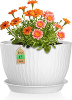 WSMKSZ 12 Inch Large Plant Pots for Indoor or Outdoor Plants, Wide Water Ripples Flower Pots with Drainage Holes & Saucer, Plastic Planters Set for Garden & Home Decor (White)