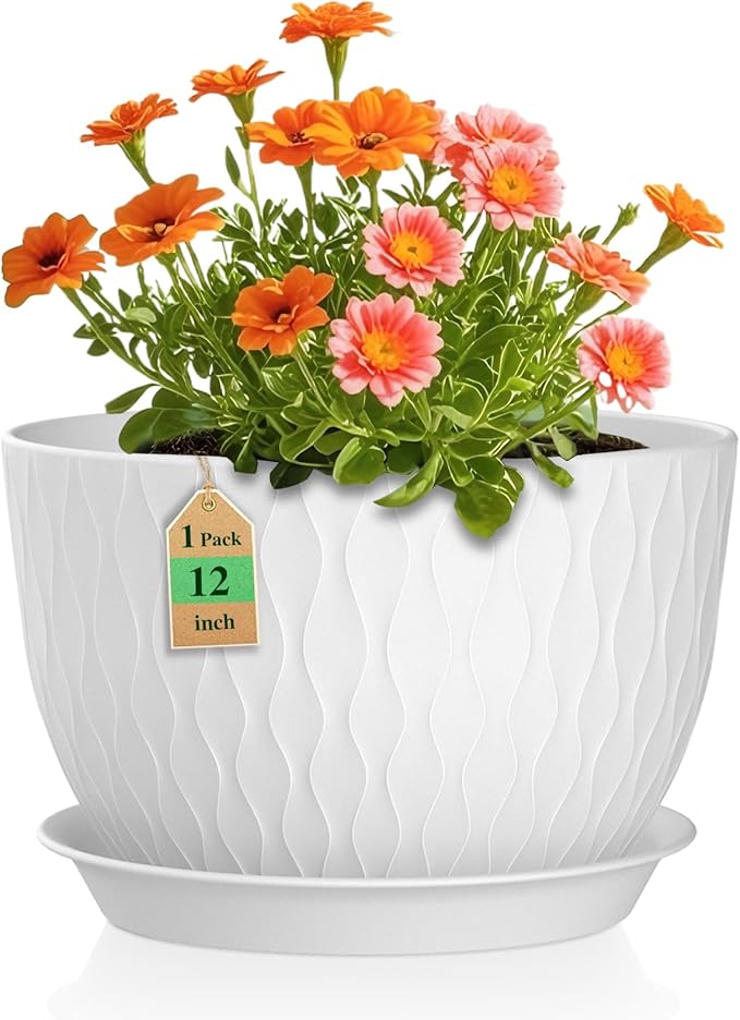 WSMKSZ 12 Inch Large Plant Pots for Indoor or Outdoor Plants, Wide Water Ripples Flower Pots with Drainage Holes & Saucer, Plastic Planters Set for Garden & Home Decor (White)