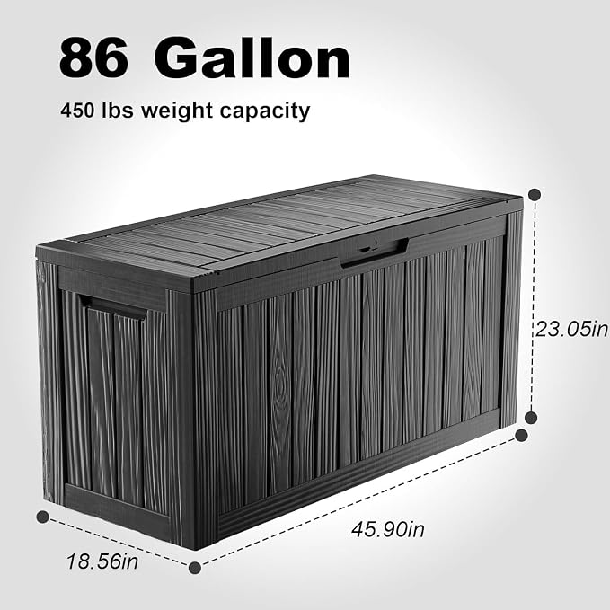 86 Gallon Deck Box, Lockable Waterproof Outdoor Storage Boxes For Garden Tools,Indoor Cushions,Accessories Outside Storage Resin Weatherproof Container(Black)