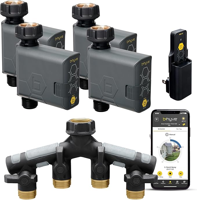 Orbit 21207 B-hyve Gen 2 Smart Hose Watering Timer, 4-Pack with Wi-Fi Hub and Hose Y Splitter