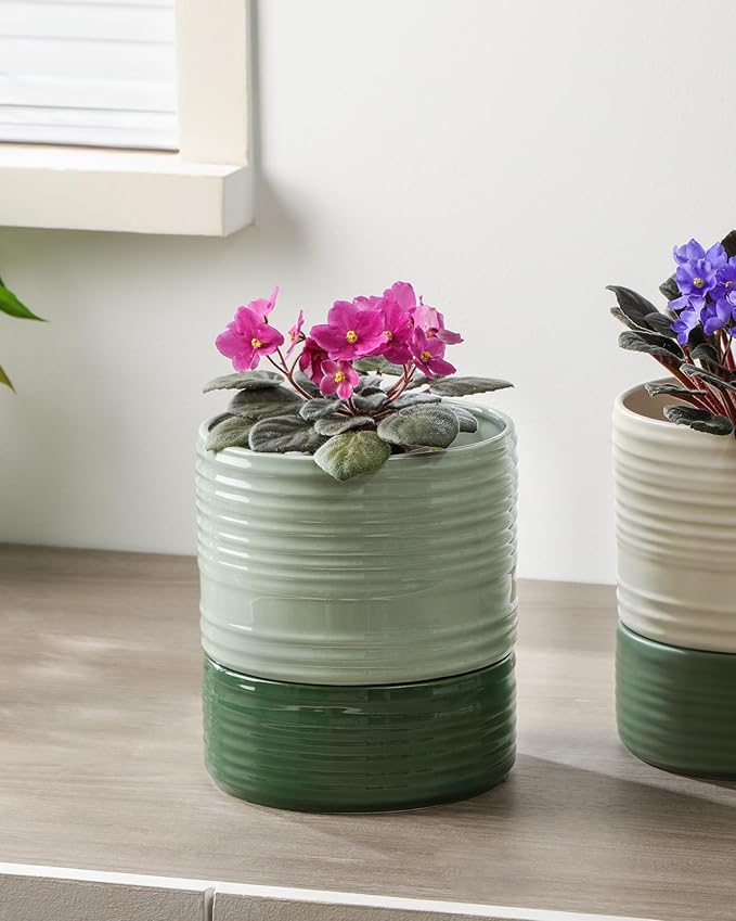 Fayoula Self Watering Pots for Indoor Plants, 6 Inch Ceramic Self Watering Plant Pot, Planter Pot with Wick Rope and Drainage Hole for African Violet Succulent Herbs (Green Light)