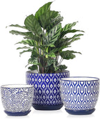 Selamica Ceramic Plant Pots, 4.6+5.6+6.5 Inch Planters with Drainage Holes & Saucer, Flower Pots for Indoor Plants, Home Decor, Set of 3, Vintage Blue