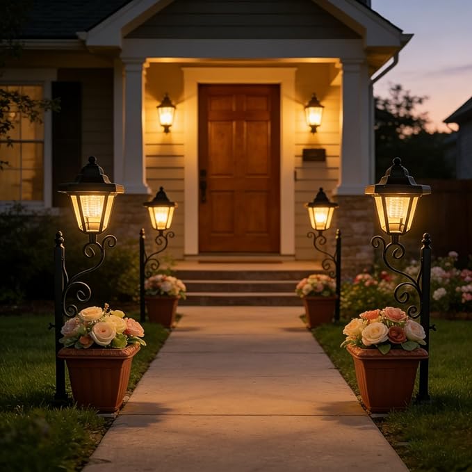 Solar Floor Lamps with Planter (2-in-1 Design), Solar Lamp Post Light with Planter with Posts, Ground Stakes, Planters, & Wall Mount Hardware, Outdoor Lights for Patio, Porch, Deck, Yard (2pcsBrown)