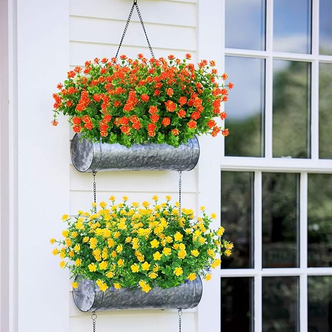 24 Bundles Outdoor Artificial Flowers UV Resistant Fake Boxwood Plants, Faux Greenery for Indoor Outside Hanging Plants Garden Porch Window Box Home Wedding Farmhouse Décor (Orange Red)