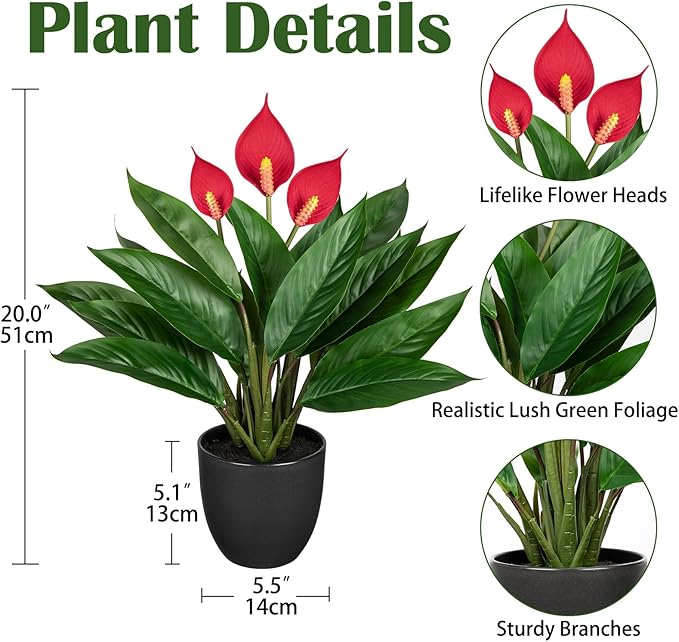 GnFlus 20'' Realistic Red Anthurium Artificial Potted Plant, Fake Flowers for Home Office Farmhouse Kitchen Bathroom Table Shelf Decor