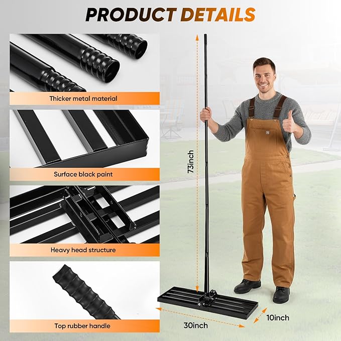 Saker Lawn Leveling Rake 30x10 Inch, Lawn Leveler Tool with 73-Inch Stainless Steel Handle, Heavy Duty Landscape Rake for Yard, Garden, Farm, and Golf Course - Black