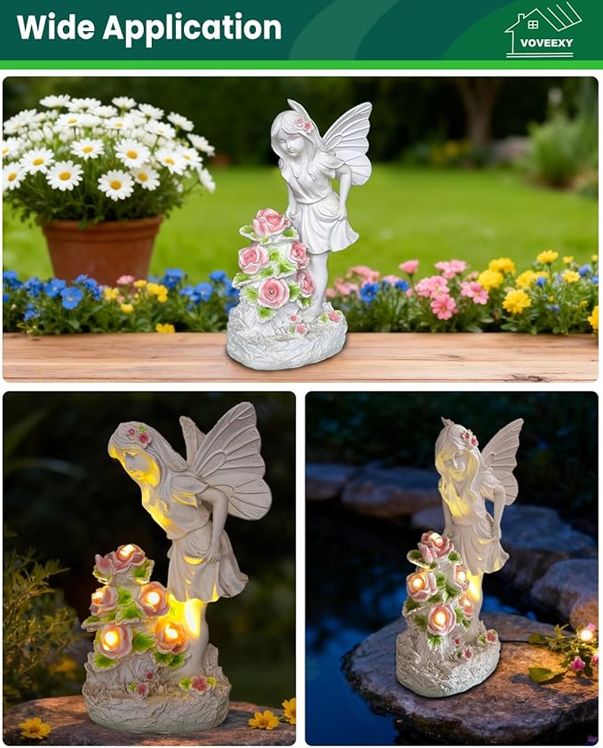 Voveexy Garden Figurines Angel Garden Statue Outdoor Decor, Solar Powered Resin Sculpture with 5 LEDs Art Decoration for Patio Lawn Yard Porch, Ornament Housewarming Gift, 11“ H