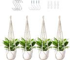 LEWESU Macrame Plant Hanger Indoor Set of 4 with 8 Hooks, Indoor Outdoor Hanging Planter for Plants Holder with Decorative Wood Beads & No Tassels, Boho Home Decor, 35 Inch Ivory (Pots Not Included)