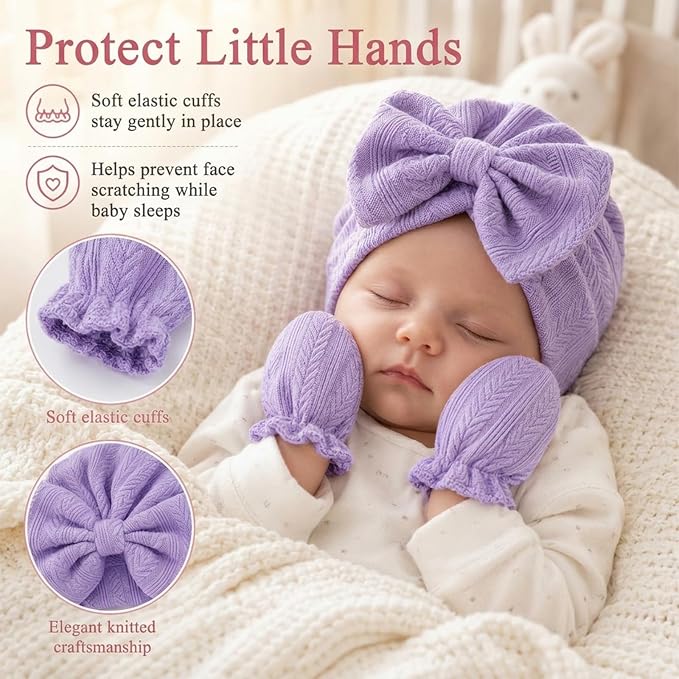 8 Sets Newborn Baby Girl Hats & Mittens, Cotton Preemie Hospital Bow Cap, No Scratch Gloves,Infant Beanies 0-3 Months