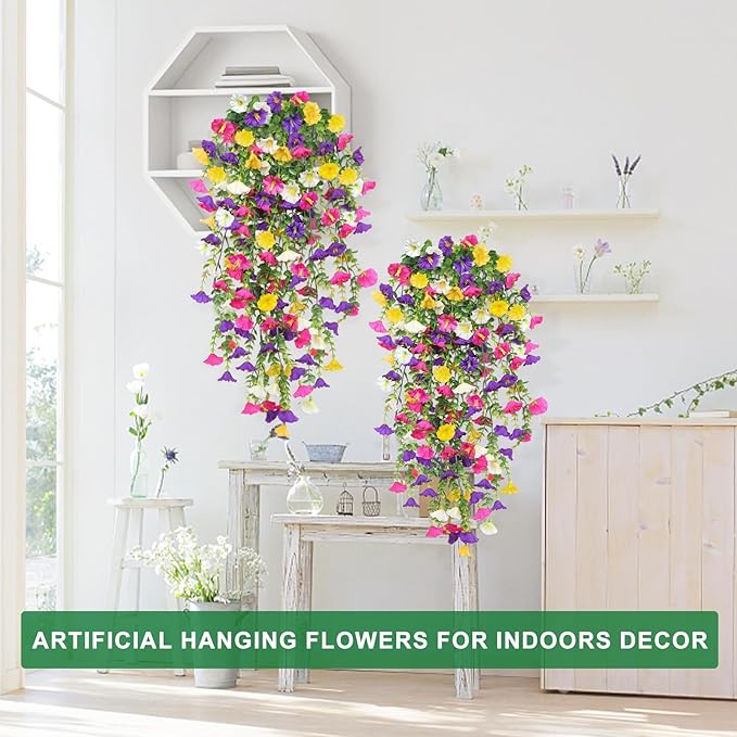 4PCS Artificial Hanging Flowers for Outdoors Summer Decoration, Fake Hanging Plants Faux Petunias with Eucalyptus, UV Resistant No Fade Plastic Realistic Silk Flowers for Porch Patio Balcony Indoor