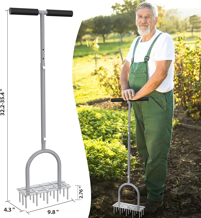 Aerator Lawn Tool Lawn Aerator -Heavy Duty Manual Grass Aerator with 15 Iron Spikes, Height Adjustable, Yard Aerator Tool for Lawn（Light Gray）
