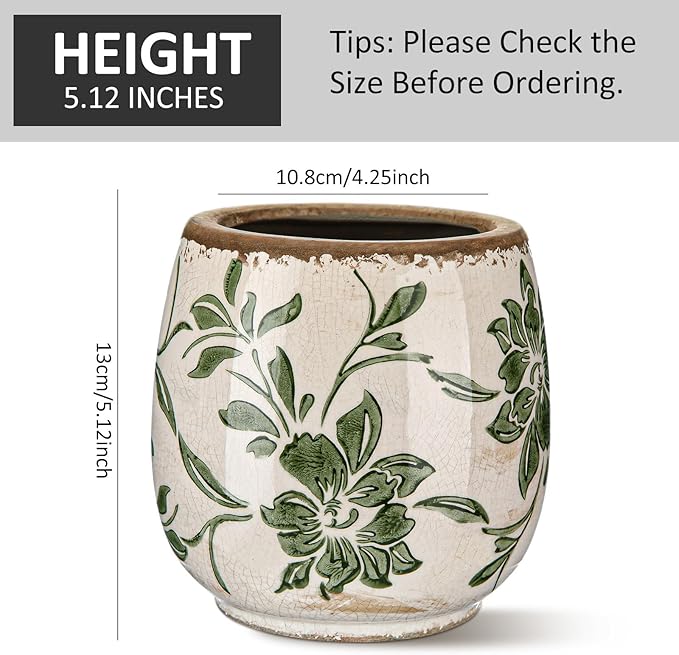 SiliFine Vintage Ceramic Flower Pot with Ice Crackle Rustic Planter with Drainage Holes for Indoor and Outdoor Decor Home Living Room Garden Decor Gardening Gift(Rustic Style)