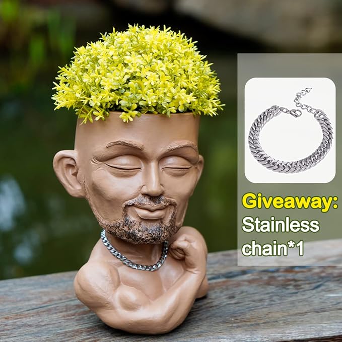 Unique Plant Pots Face Planters, Funny Plant Pots Head Planter, Men Face Planters Pots Head, Beefcake Face Vase with Drainage Hole (Brown)