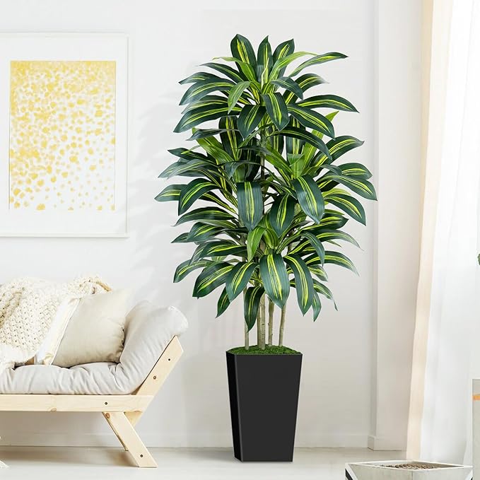 5FT Artificial Dracaena Tree - High-Density Foliage Fake Plant with Black Tall Planter - Faux Yucca Floor Plant for Home Office Decor Indoor