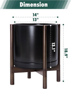 D'vine Dev Ceramic Planter with Walnut Color Stand - 14 Inch Modern Round Flower Pot with Wood Planter Holder, Black, 55-B-T-2