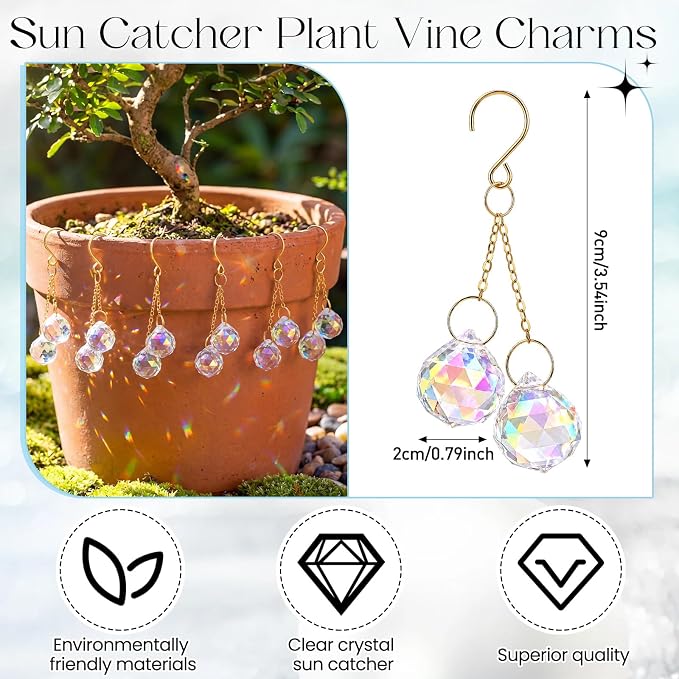 6 Pcs Colorful Crystal Sun Catcher Plant Vine Charms Hanging for Mini Potted Plants, Home Window Garden, Garden Home Window Rainbow Sun Catchers Plant Accessories Indoor (Ball)