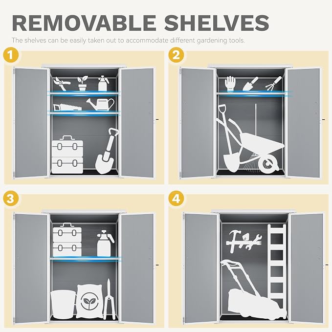 DWVO Outdoor Tall Storage Shed 50 Cuft with 2 Shelves, 4.3x2x5.5ft Vertical Tool Shed with Floor & Lockable Doors, Sturdy Double-Wall Plastic Cabinet for Garbage Cans and Garden Equipment