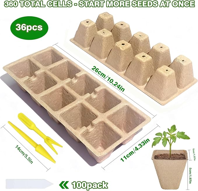 360 Cells Seed Starter Tray, 36 Pack Germination Peat Pots with 100 Labels, Plant Starter Kit for Seedlings