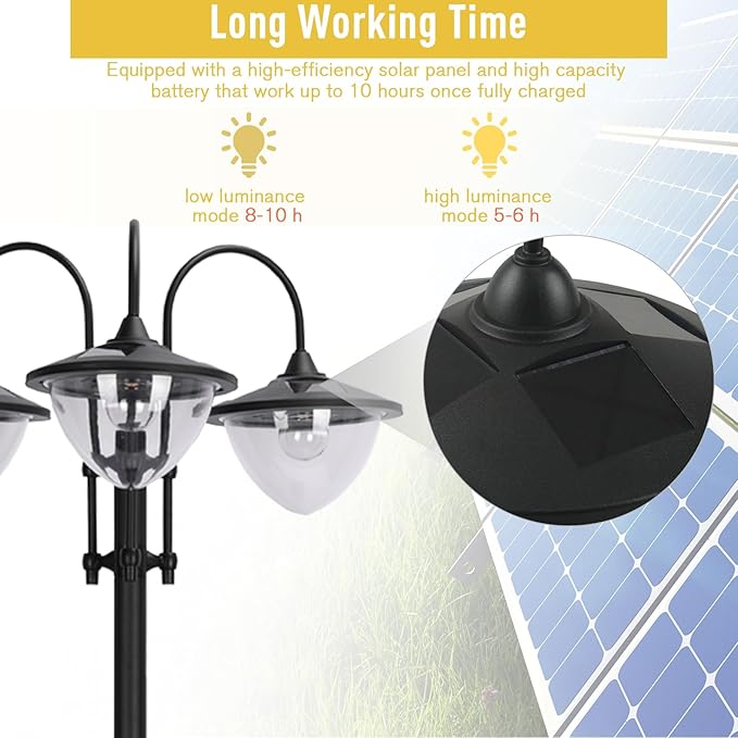 Outsunny 74.5" 3-Head Solar Lamp Post Light with Planter, Solar Pole Lights Outdoor Waterproof LED Lighting for Backyard Pathway Patio Lawn Driveway Decor, Black