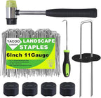 6 Inch Landscape Staples Set, 11 Gauge Galvanized U-Shaped Garden Stakes (50 Pack) with Gaskets, Hook Tool & Rubber Mallet for Weed Fabric & Landscaping
