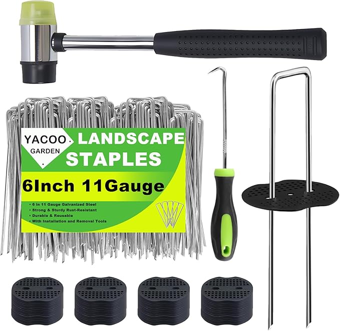 6 Inch Landscape Staples Set, 11 Gauge Galvanized U-Shaped Garden Stakes (200 Pack) with Gaskets, Hook Tool & Rubber Mallet for Weed Fabric & Landscaping