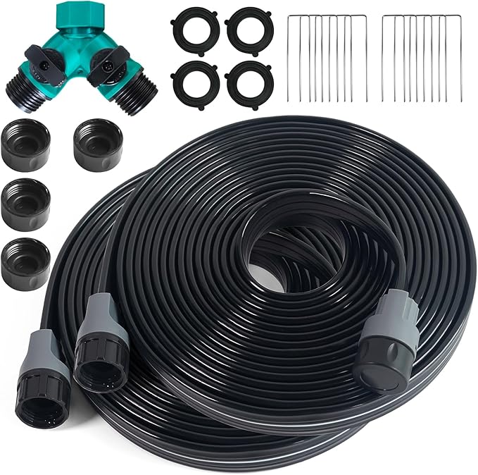 Sprinkler Hose with Holes, Flat Soaker Hoses 50 ft (25 ft 2pack) with Garden Staples and Splitters, PVC Drip Line Irrigation Watering Hoses for Lawn,Garden Beds (50 ft)