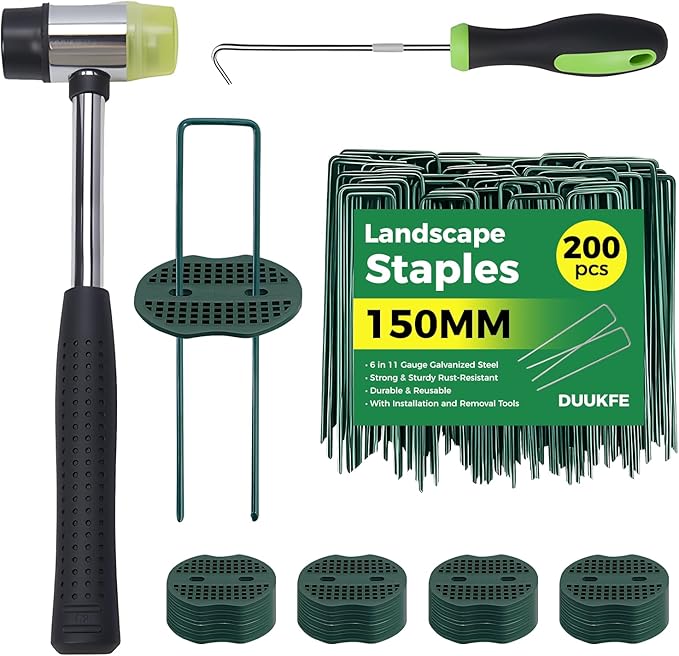 6 Inch Landscape Fabric Staples, 200Pcs Garden Stakes Galvanized +200Pcs Gasket +Pick Hook +Rubber Mallet, U Shaped Weed Barrier Stakes 11 Gauge Lawn Staples Landscape Pins for Yard, Sod, Weed Mat
