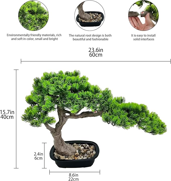 15in Artificial Bonsai Tree – Juniper Faux Pine Plant | Indoor Fake Decor with Black Plastic Pot for Home, Office Desk, Table, Shelf, Bedroom & Living Room (Green)