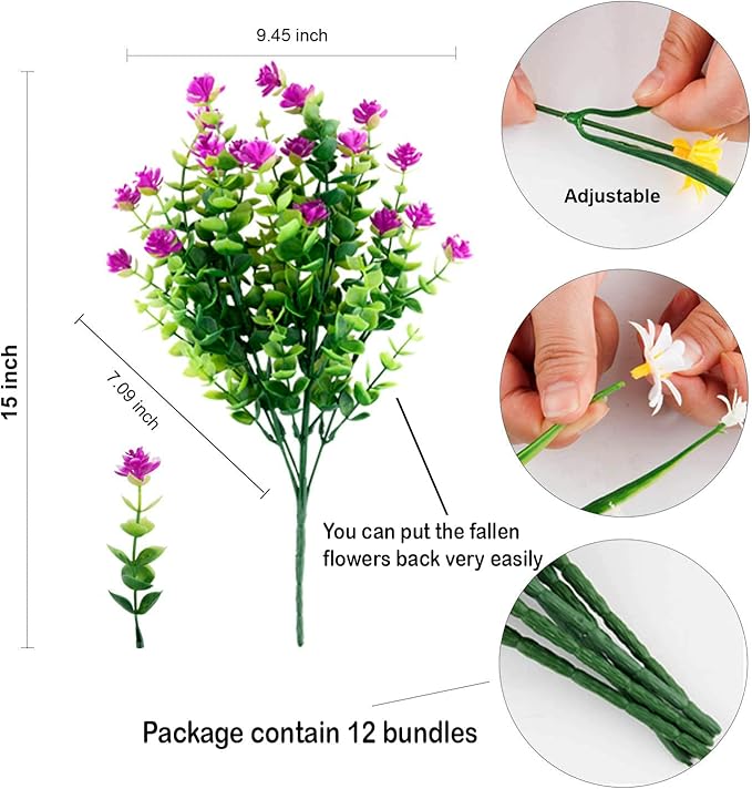 Artificial Flowers Outdoor Fake Plants - 12 Bundles UV Resistant No Fade Faux Plastic Greenery Home Garden Porch Patio Decoration (Mgenta)