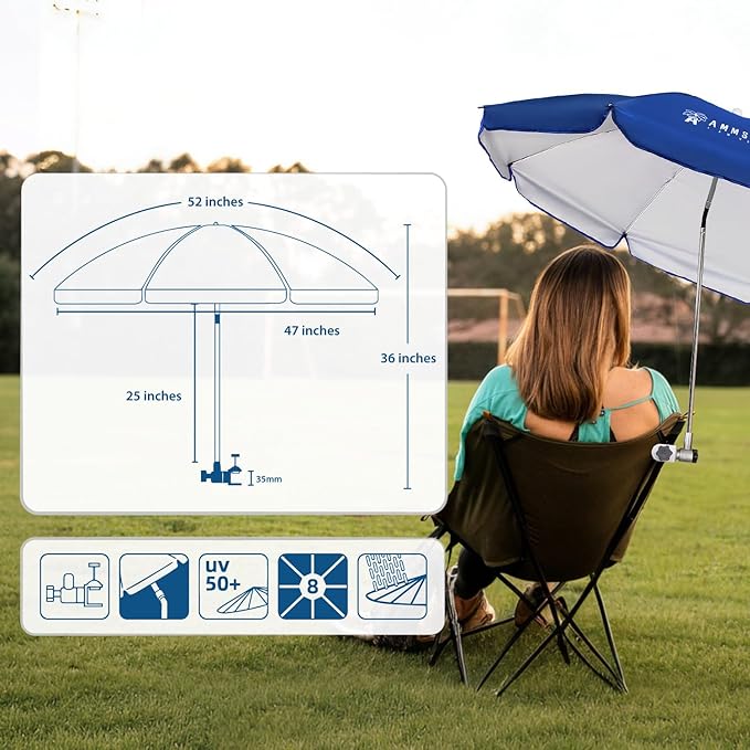 AMMSUN Chair Umbrella with Universal Clamp Adjustable 47 inches and 360° Swivel & UPF 50+ Protection Portable Sun Umbrella, Secure Clip on Camping/Beach Chairs, Stroller, Wheelchair, Golf cart, Lounger, Blue, Large-sized