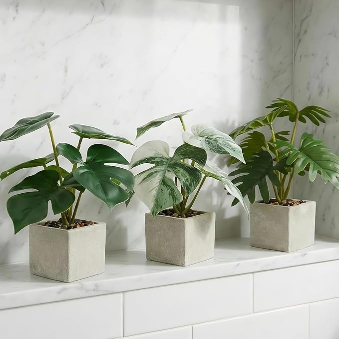 3pcs Small Fake Plants Artificial Begonia Leaves Faux Plants Indoor for Office Desk Shelf Bathroom Home Decor (3Pcs White Green)
