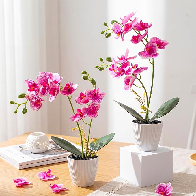 Suncalla 4 Pack 17" Tall Artificial Silk Phalaenopsis Orchid Flower Plant in Pot Purple Potted Orchid Flowers Indoor for Table Centerpieces Arrangements Home Office Wedding Party Decoration