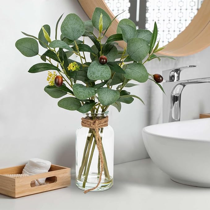 Briful Artificial Eucalyptus Stems in Glass Vase with Faux Water, 14" Fake Plant Olive Leaves for Home Office Farmhouse Wedding Centerpiece Décor