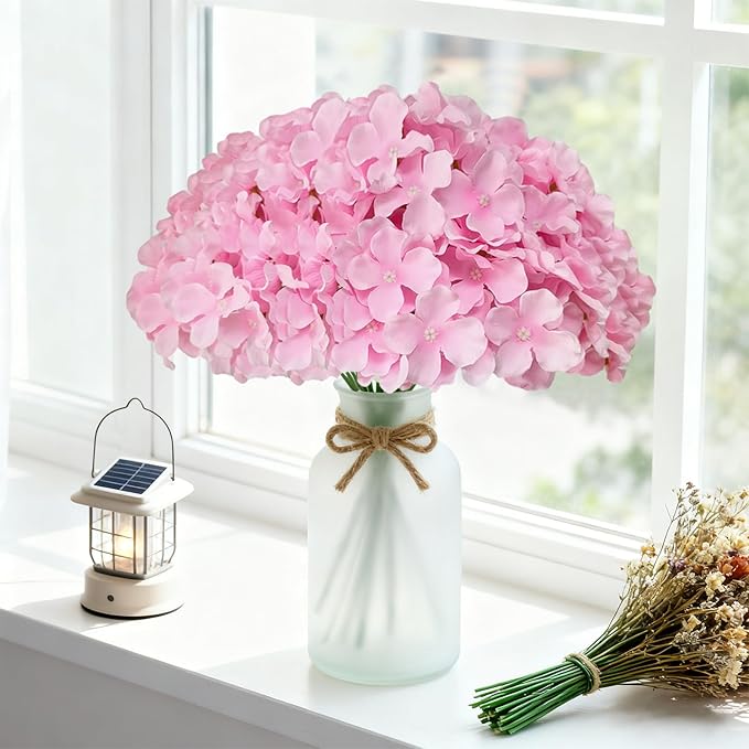65Pcs Pink Hydrangea Artificial Flowers Bulk，Realistic Silk Fake Flowers with Stems，Faux Hydrangea Flowers for Wedding Home Decor Centerpieces Living Room Garden Party Baby Shower Decoration
