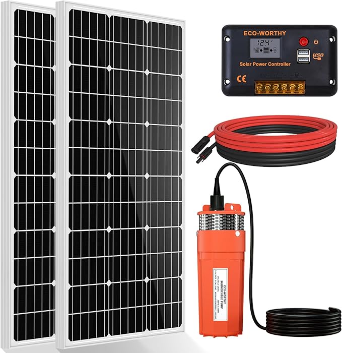 ECO-WORTHY 24V DC Solar Well Pump Kit,Submersible Water Well Pump,2pcs 100W Solar Panels with Controller for Off-Grid Irrigation, Livestock Water