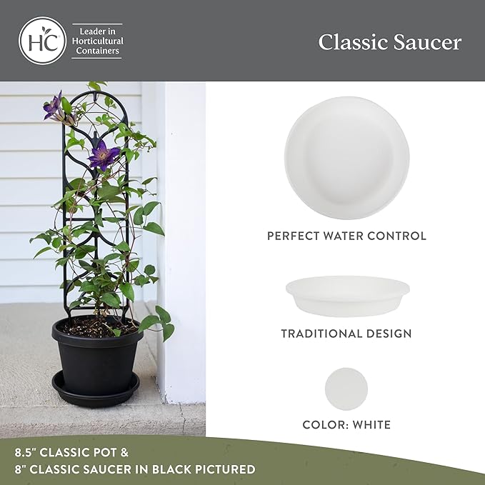 The HC Companies Flower Pot Saucers - Plastic Plant Saucer for Outdoors & Indoors - Traditional Design Plant Pot Trays for Water Drainage - Durable & Stylish Round Plant Tray (8-inch White)