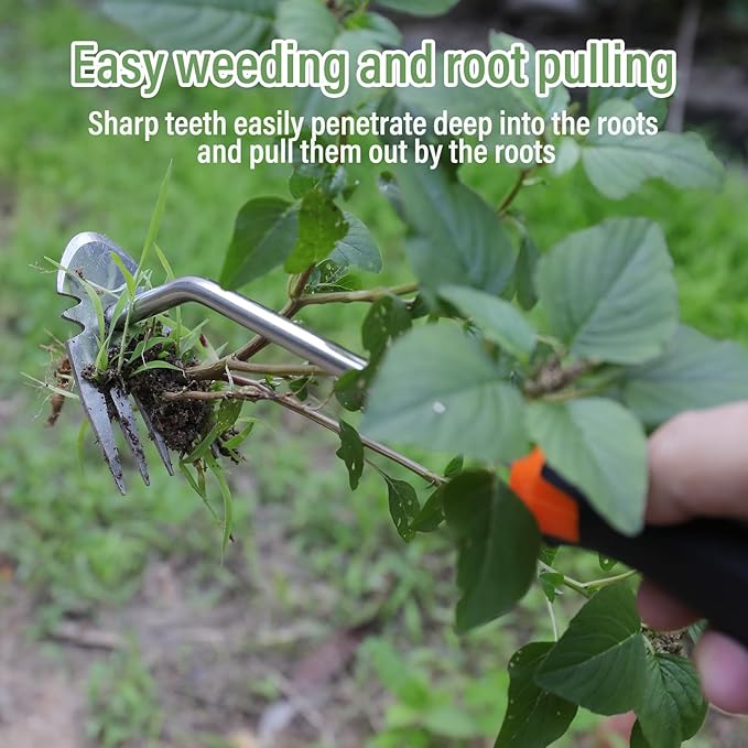 Weed Removal Tool, New Garden Weeding Tools Manganese Steel Hand Weeder Tool with Handle, 5 Teethes Dual Purpose Manual Weeders Tool Weed Tool for Garden (Rubber Handle)
